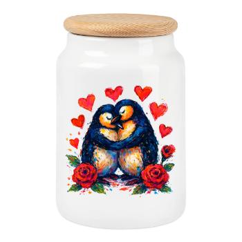 Les manchots aquarelles de l’amour - Boîte à biscuits avec couvercle en bois - blanc - Devant