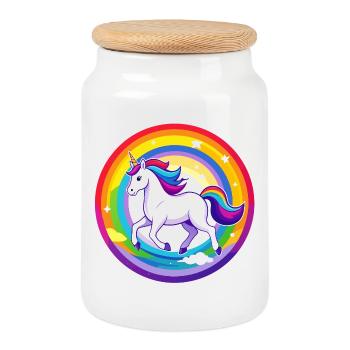 Motif de licorne volant au-dessus du ciel arc-en-ciel - Boîte à biscuits avec couvercle en bois - blanc - Devant