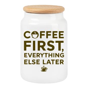 Erst Kaffee, alles andere danach - Keksdose mit Holzdeckel - Weiß - Vorne