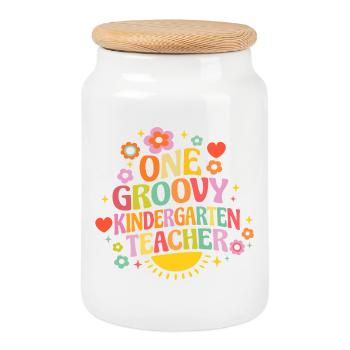 Groovy kindergarten teacher with heart and flowers - Cookie Jar with Wooden Lid - white - Front