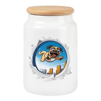 Pug Sprinter in the city run - Cookie Jar with Wooden Lid - white - Front