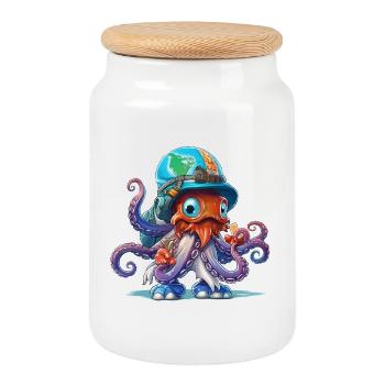 Octopus Explorer with World Map Helmet - Cookie Jar with Wooden Lid - white - Front
