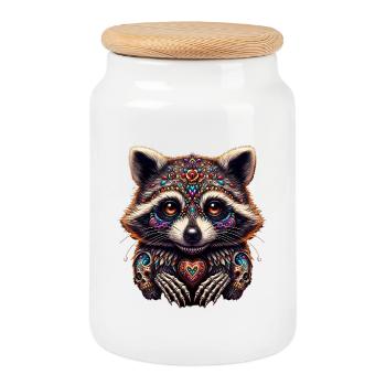 Raccoon at Dia de los muertos - Cookie Jar with Wooden Lid - white - Front
