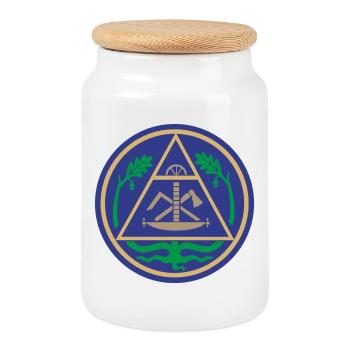51195_Zimmerer Geometrisches Triangelwerk Emblem - Keksdose mit Holzdeckel - Weiß - Vorne
