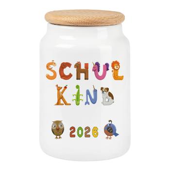 École 2026 : Le monde coloré des lettres - Boîte à biscuits avec couvercle en bois - blanc - Devant