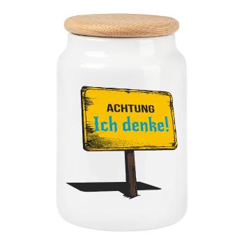 Attention I think sign - Cookie Jar with Wooden Lid - white - Front