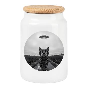 Lustiges UFO Weltraum Katze Alien Design - Keksdose mit Holzdeckel - Weiß - Vorne