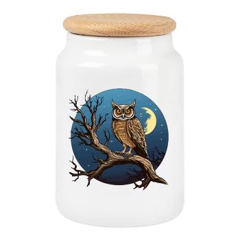 Nachtmond-Eule im Rundkreis - Keksdose mit Holzdeckel - Weiß - Vorne