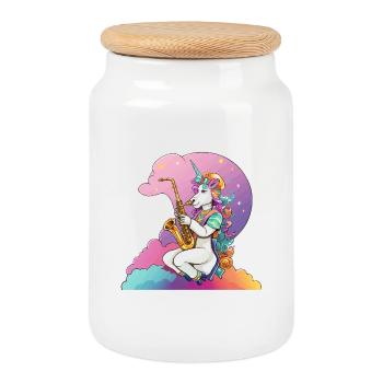 Saxophon Unicorn im Regenbogen - Keksdose mit Holzdeckel - Weiß - Vorne