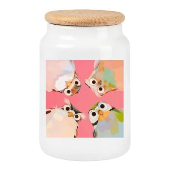 Four owls in a circle | Cute Pastel Animal Motif - Cookie Jar with Wooden Lid - white - Front