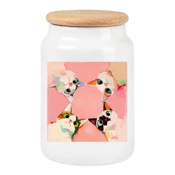 Four cats in a circle | Pastel Kawaii Motif - Cookie Jar with Wooden Lid - white - Front