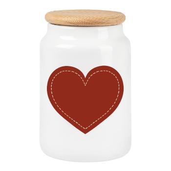 Stitched Brown Heart Emblem - Cookie Jar with Wooden Lid - white - Front