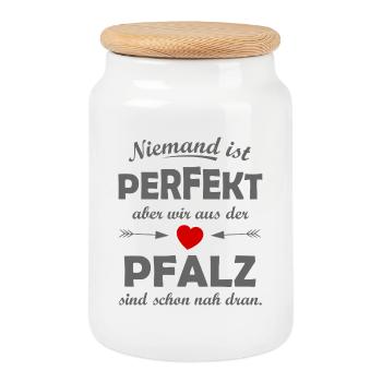 Pfälzer Stolz: Niemand ist perfekt - Keksdose mit Holzdeckel - Weiß - Vorne