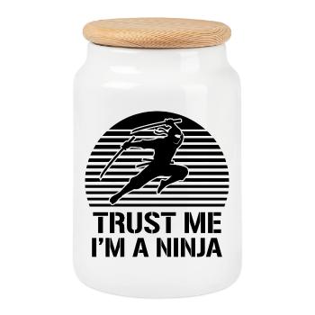 Vertrau mir, ich bin ein Ninja, lustiges Sonnenuntergangsdesign - Keksdose mit Holzdeckel - Weiß - Vorne