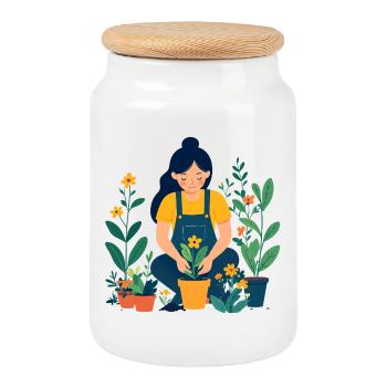Gardener in the flower garden hobby gardener motif - Cookie Jar with Wooden Lid - white - Front