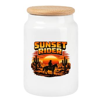 Sunset Rider – Western Cowboy im Sonnenuntergang - Keksdose mit Holzdeckel - Weiß - Vorne