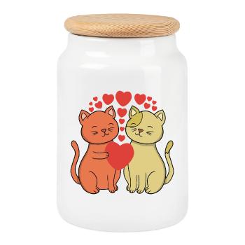 Two Heartfelt Cats Embrace - Cookie Jar with Wooden Lid - white - Front