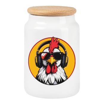 Coq pop art avec casque Lunettes de soleil Poulet amusant - Boîte à biscuits avec couvercle en bois - blanc - Devant