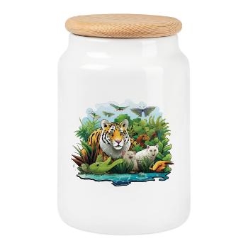 Tiger im Dschungel Tierwelt Illustration - Keksdose mit Holzdeckel - Weiß - Vorne