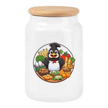 Cooking penguin in a vegetable basket - Cookie Jar with Wooden Lid - white - Front