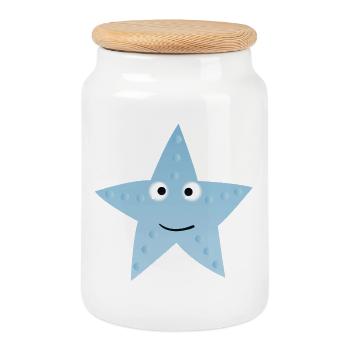 Étoile bleue de Kawaii avec visage - Boîte à biscuits avec couvercle en bois - blanc - Devant