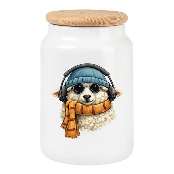 Lamb Headphones Winter - Cookie Jar with Wooden Lid - white - Front