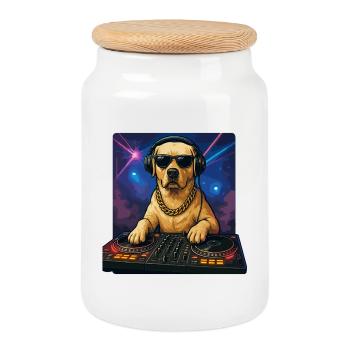 DJ labrador cool sur des platines dans une boîte de nuit - Boîte à biscuits avec couvercle en bois - blanc - Devant