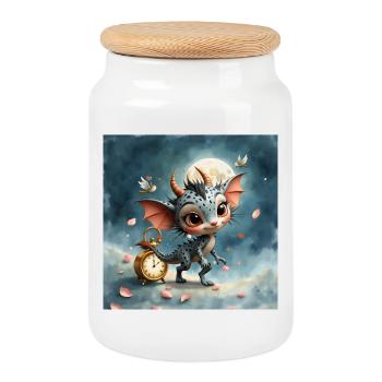 Bébé Dragon de la Nuit avec Horloge - Boîte à biscuits avec couvercle en bois - blanc - Devant