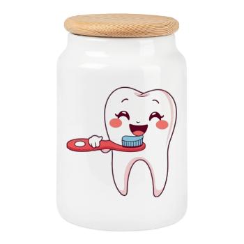Tooth, Teeth, Dentist - Cookie Jar with Wooden Lid - white - Front