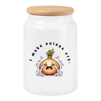 I make onions cry – Lustiger Küchen Spruch - Keksdose mit Holzdeckel - Weiß - Vorne