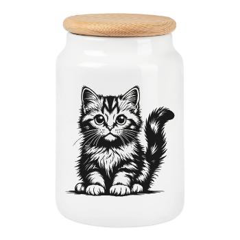 Black kitten in silhouette - Cookie Jar with Wooden Lid - white - Front