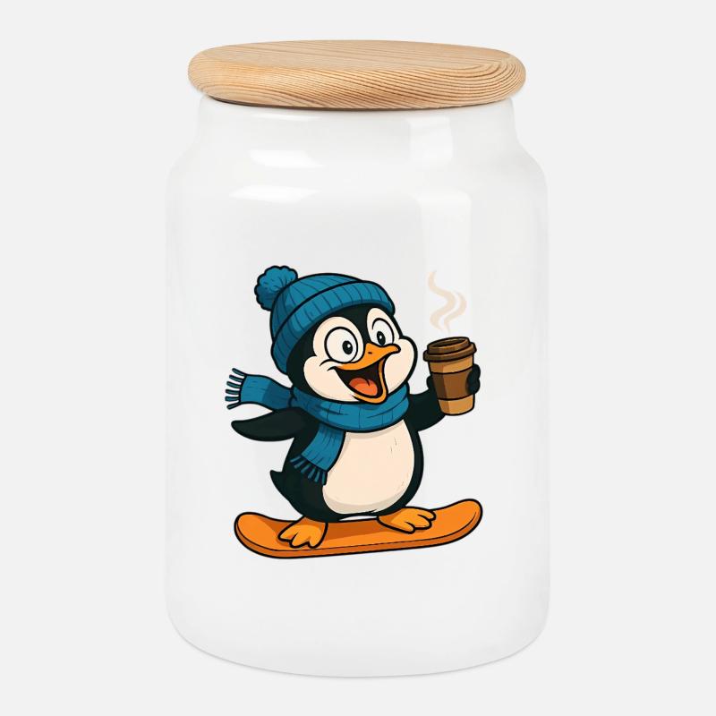 Schneepinguin mit Kaffee und Schal - Keksdose mit Holzdeckel - Weiß