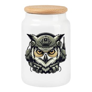 Tactical Owl with Helmet - Cookie Jar with Wooden Lid - white - Front