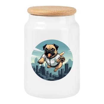Pug in the jump over skyline - Cookie Jar with Wooden Lid - white - Front