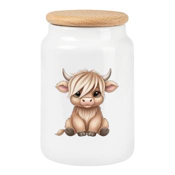 Baby cow with long hair cartoon - Cookie Jar with Wooden Lid - white - Front