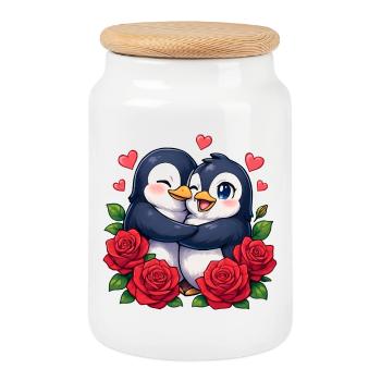Cuddly penguins with rose heart - Cookie Jar with Wooden Lid - white - Front