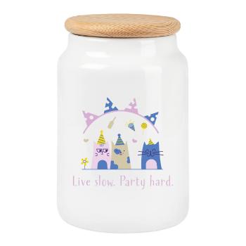 Vis lentement, fête la fête – Déclaration du chat mignon - Boîte à biscuits avec couvercle en bois - blanc - Devant