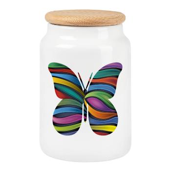 Rainbow Stripe Butterfly - Cookie Jar with Wooden Lid - white - Front