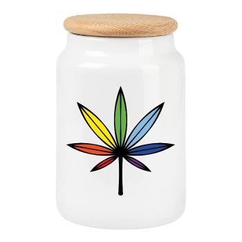 Cannabis / Marijuana / Hemp (Outline / Rainbow) - Cookie Jar with Wooden Lid - white - Front