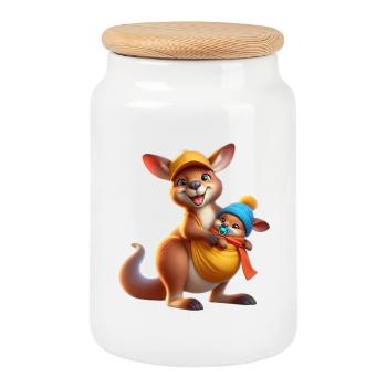 Kangourou heureux avec bébé - Boîte à biscuits avec couvercle en bois - blanc - Devant