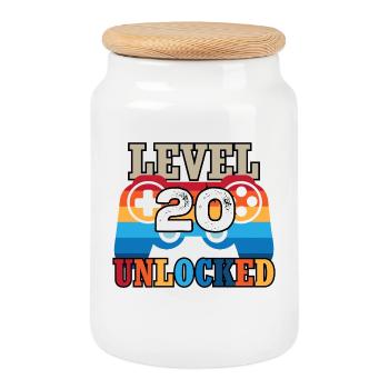 Level 20 Unlocked - Cookie Jar with Wooden Lid - white - Front