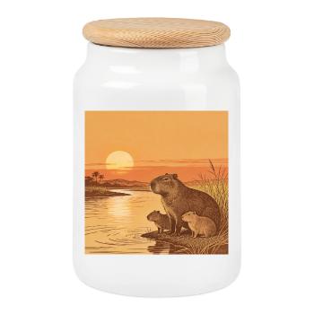 Capybara Familie am Fluss bei Sonnenuntergang - Keksdose mit Holzdeckel - Weiß - Vorne