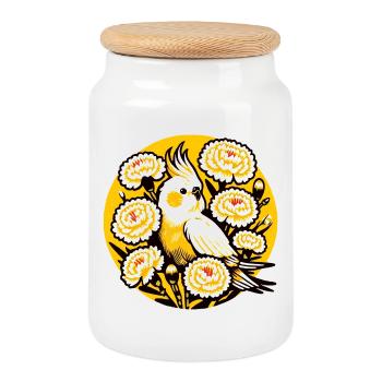 Calopsitte au milieu du cercle de pivoines - Boîte à biscuits avec couvercle en bois - blanc - Devant