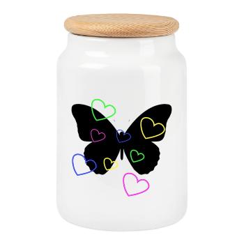 Multicolor Neon Hearts on Butterfly - Cookie Jar with Wooden Lid - white - Front