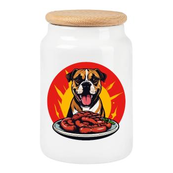 Hund mit Wurstplatte fun Grillen Würstchen Motiv - Keksdose mit Holzdeckel - Weiß - Vorne