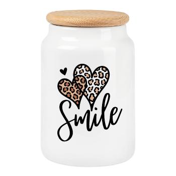 Leopard Herzen Smile Schrift - Keksdose mit Holzdeckel - Weiß - Vorne