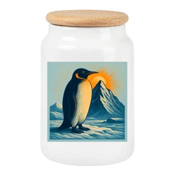 Polar beach penguin at sunrise - Cookie Jar with Wooden Lid - white - Front