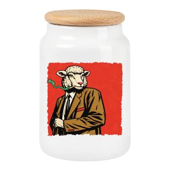 Lamb in a suit with a whistle - Cookie Jar with Wooden Lid - white - Front