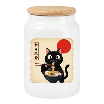 Cat soup with red sun - Cookie Jar with Wooden Lid - white - Front