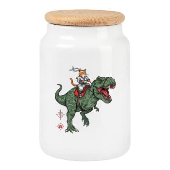 Cat Knight sur Dinosaur - Boîte à biscuits avec couvercle en bois - blanc - Devant